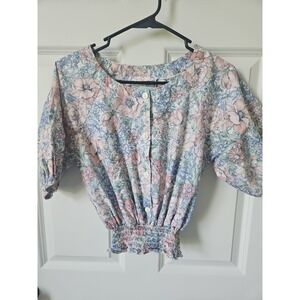 Vintage Cottagecore Floral Smocked Crop Top Pastel Pink Blue Button Front Size S